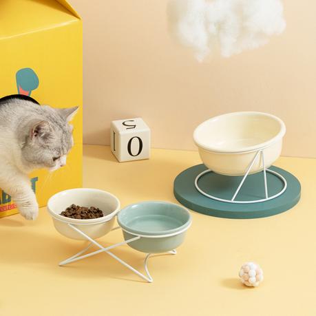 Wholesale Green White Ceramic Cat Bowl With Stand