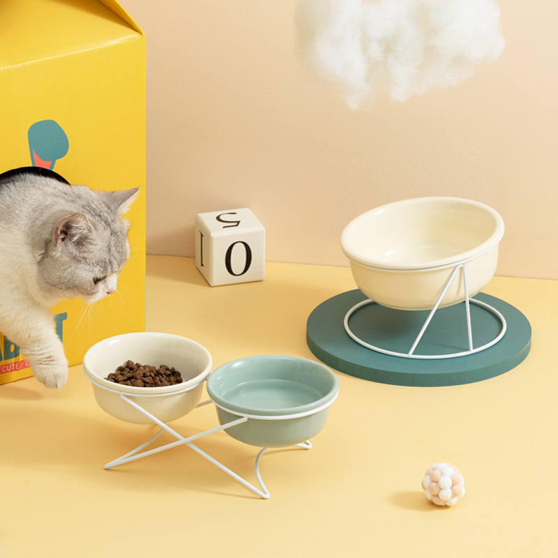 Wholesale Green White Ceramic Cat Bowl With Stand