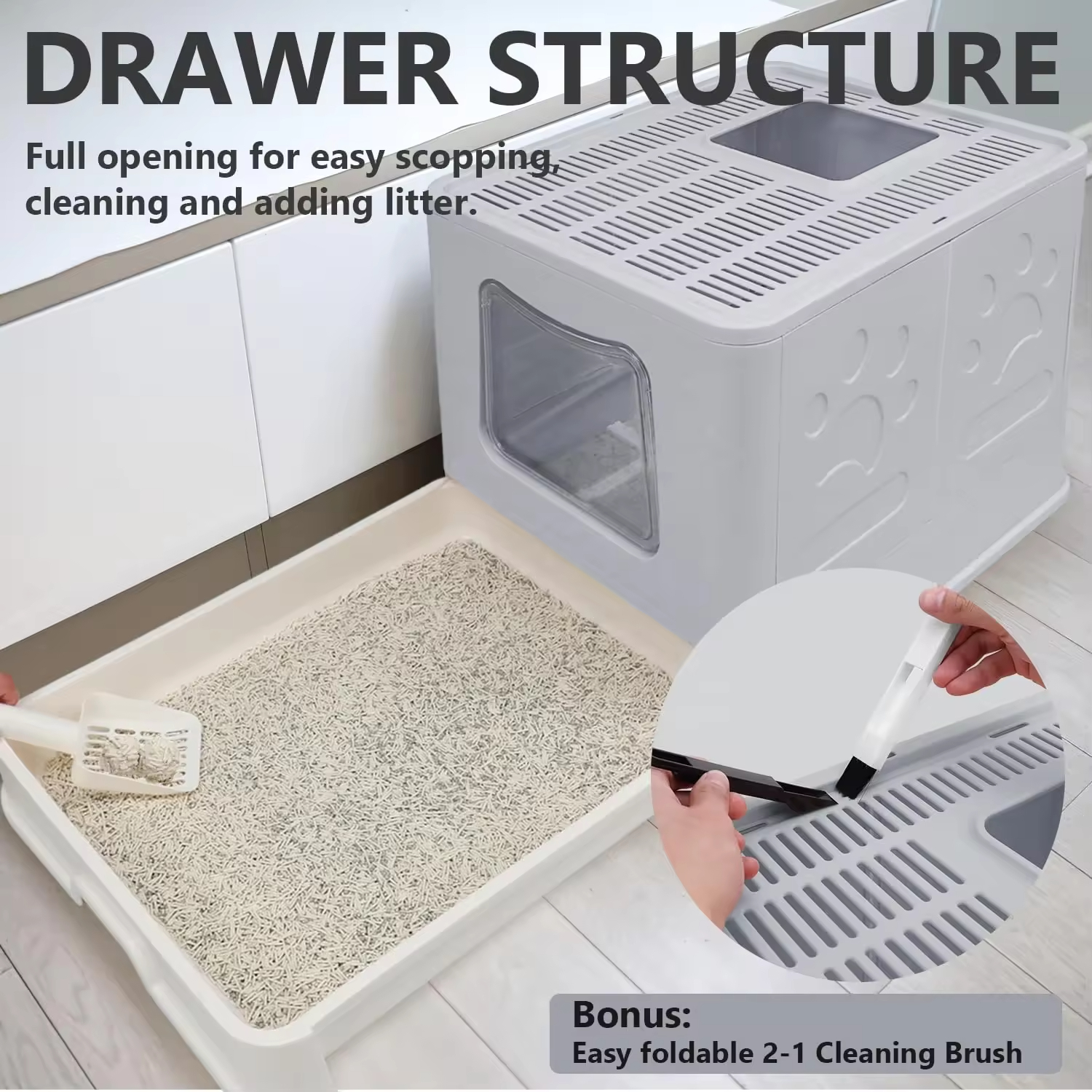 Cat Litter Box With Lid With Litter Spoon, Splash Proof Cat Toilet Drawer Style Easy to Clean Cat Litter Basin