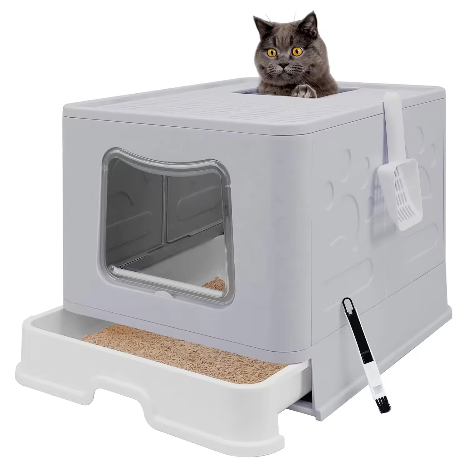 Cat Litter Box With Lid With Litter Spoon, Splash Proof Cat Toilet Drawer Style Easy to Clean Cat Litter Basin